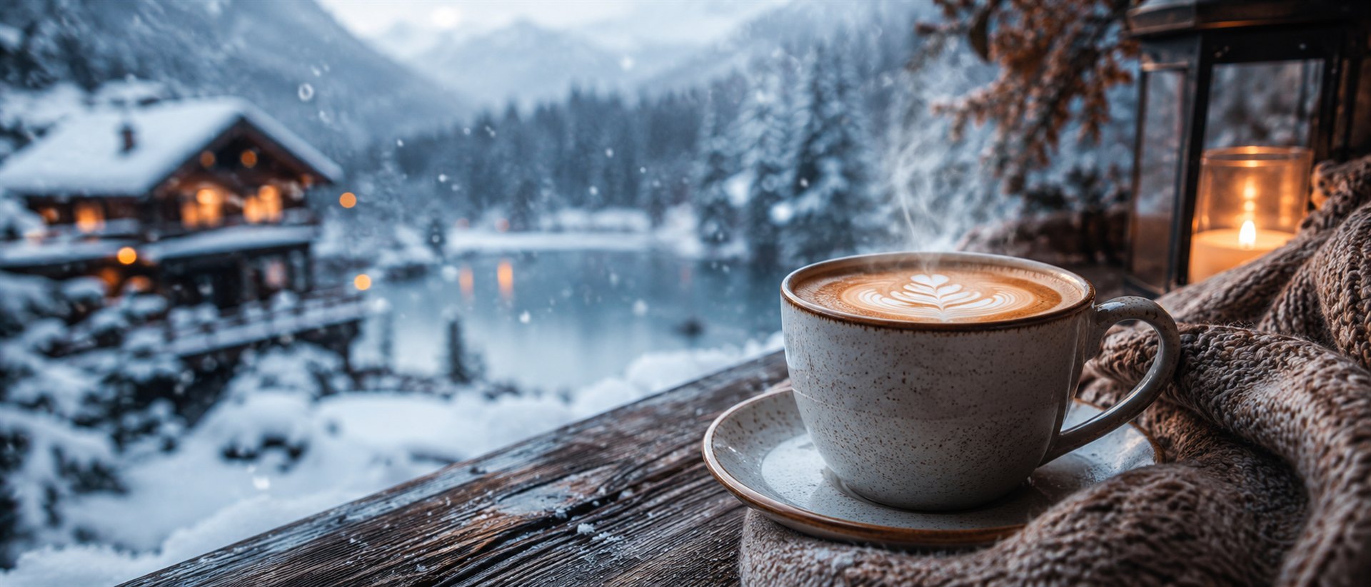 A cup of coffee on a wooden rail above a snowy alpine lake